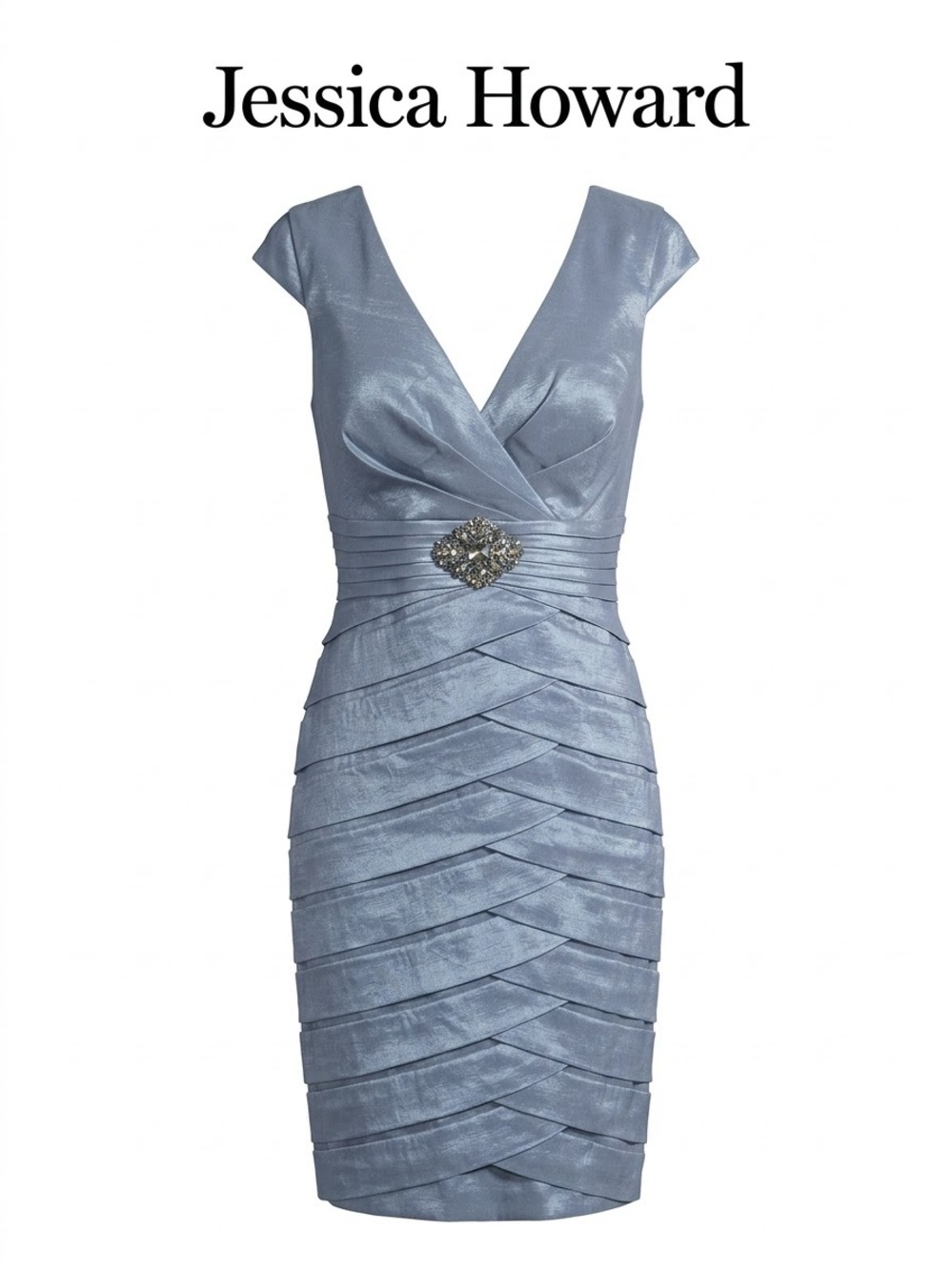 Jessica Howard Silver-Blue Pleated V-Neck Sheath Dress Size 8 0281